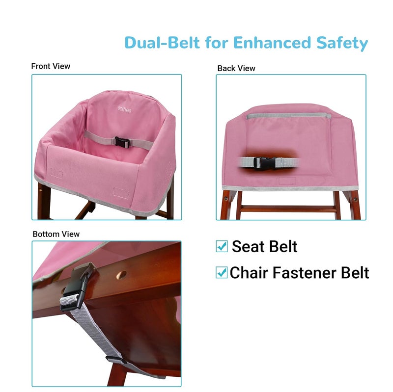 Solfres Dual-Belt Baby High Chair Cover, Upgrade Version, for Wooden or Restaurant High Chair, Sturdy and Robust Material, Waterproof Washable Stain and Slip Resistant, Pink - Image 2
